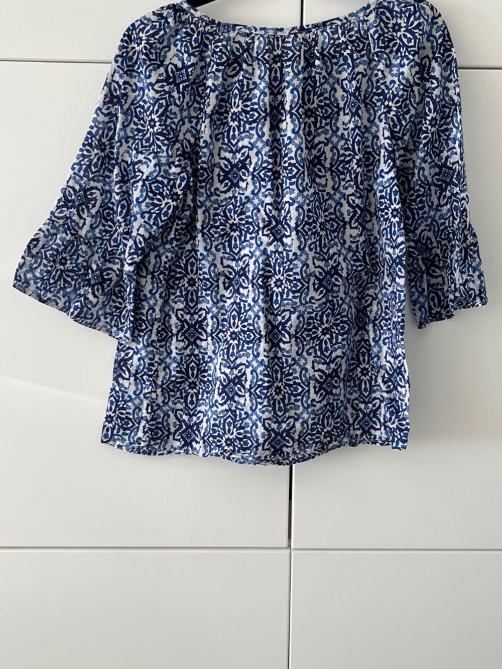 Milly Blue and White Printed Peasant Blouse with Pink Tassel - Picture 8 of 15